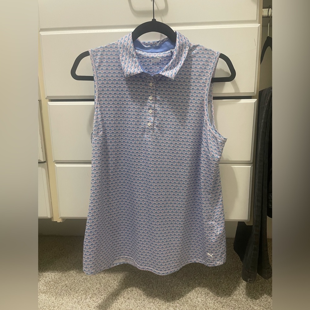 Puma Blue and Pink Palm Tree Pattern Shirt— Golf polo